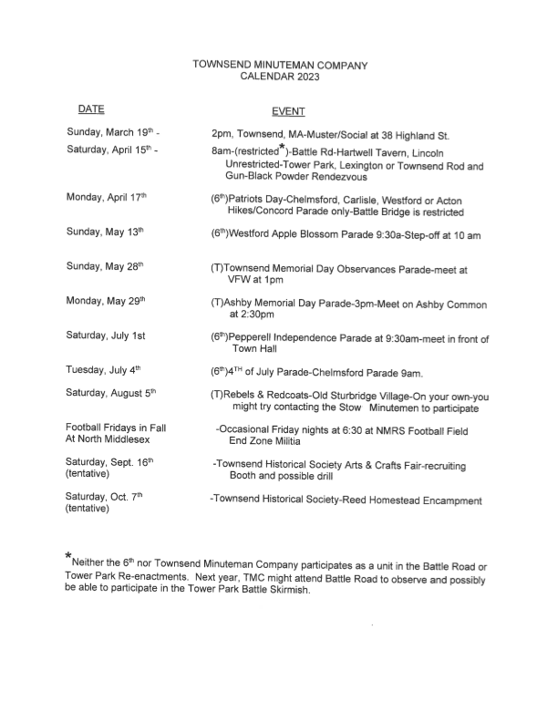 Townsend Minuteman 2023 Schedule